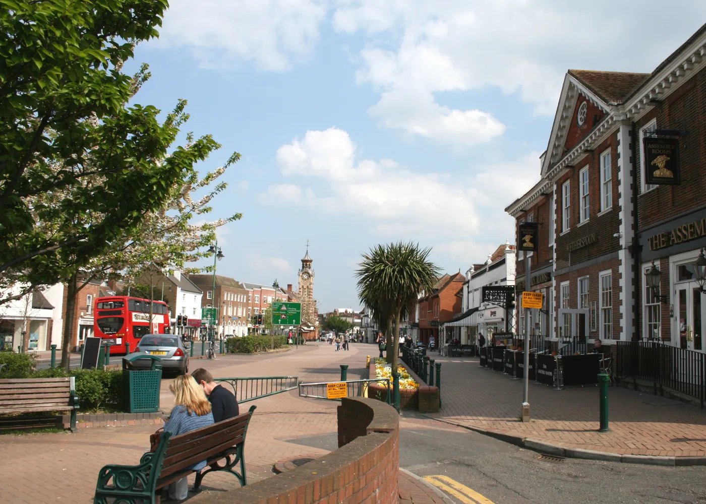 Epsom High Street and the Assembly Rooms, looking towards the clock tower. The photo is a general view of the town centre and does not show any incident